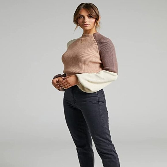 Mock Neck Color Block Sweaters Knitted Pullover Jumper Tops Casual Lantern - Picture 5 of 5